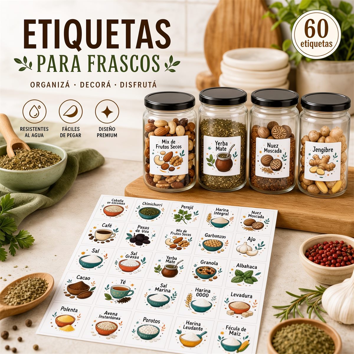 Etiquetas adhesivas para frascos de especias sobre una mesada