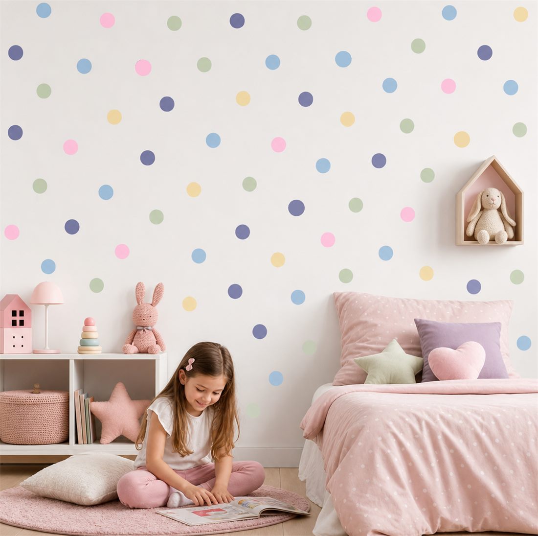 Círculos de vinilo pegados en la pared de un cuarto infantil