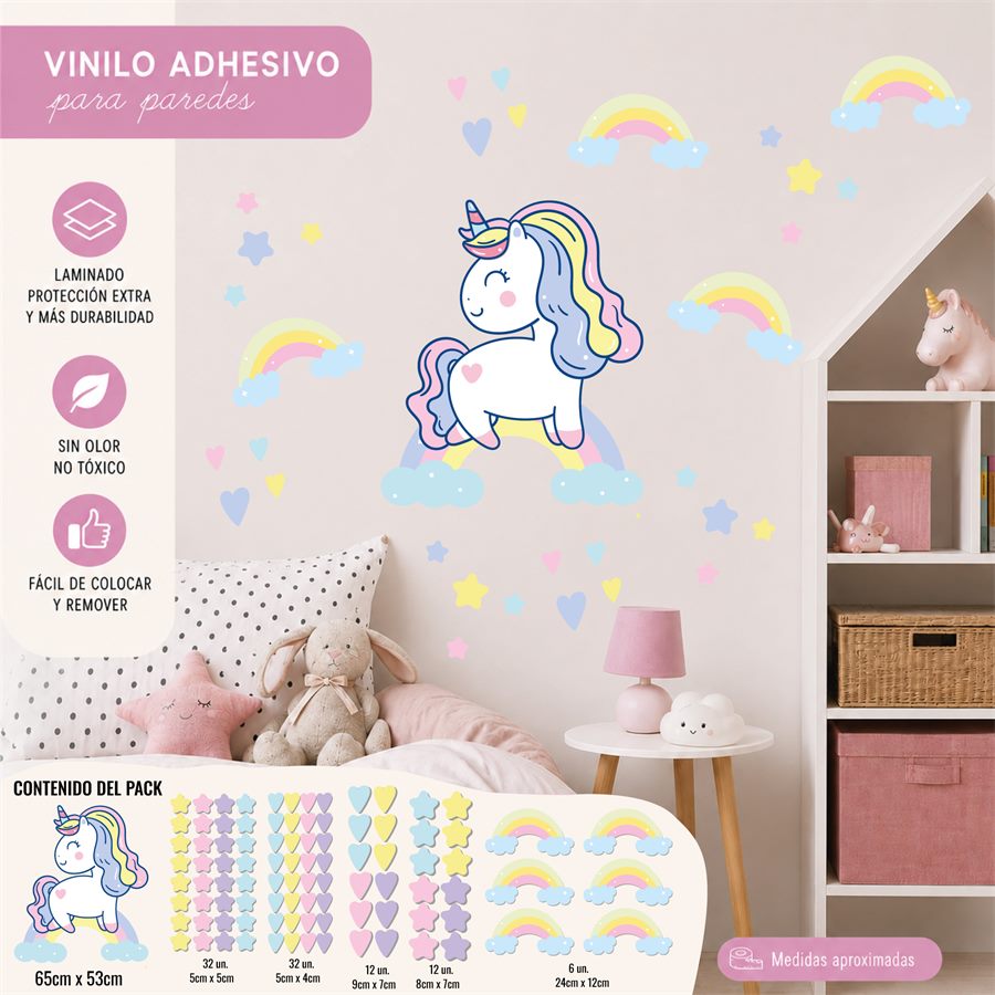 Vinilo de unicornio y arcoíris en la pared de un cuarto