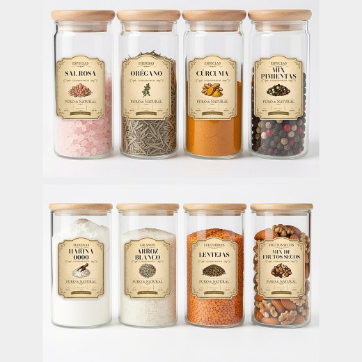 Etiquetas Frasco Especias y Despensa Apothecary Vintage Vinilo 5x6,5cm x96 unidades