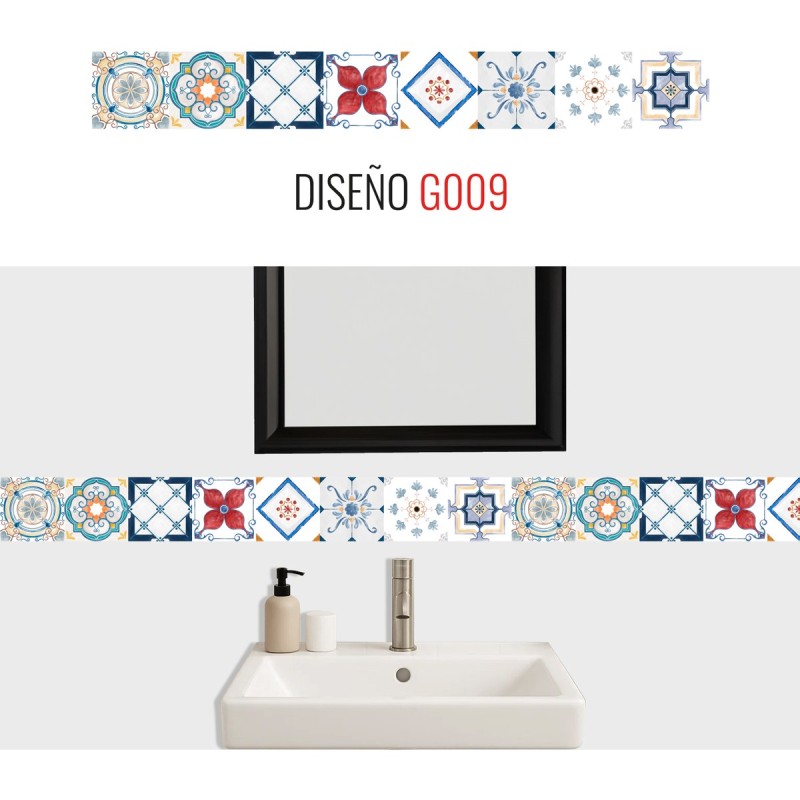 Guarda Mosaicos Adhesivos Vinilo Azulejo 15cm x 1,20m Diseño G009