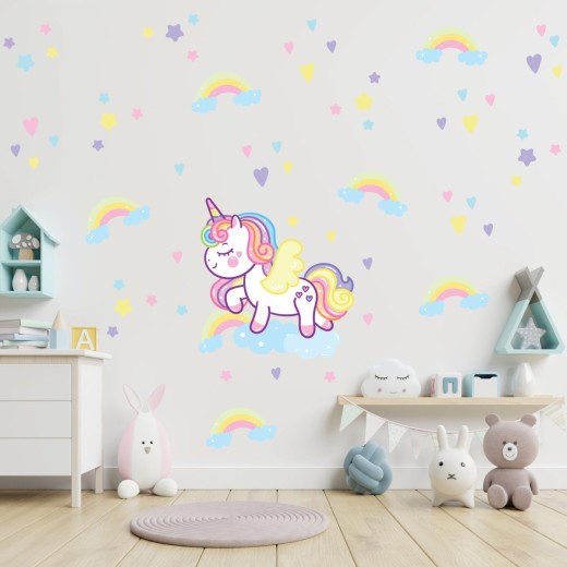 Vinilo Decorativo Infantil Unicornio Alas Arcoíris Estrellas Corazones XL 120x70cm