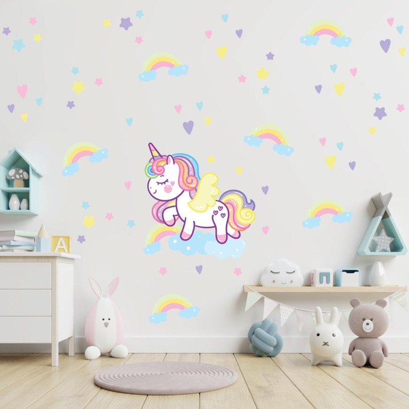 Vinilo Decorativo Infantil Unicornio Alas Arcoíris Estrellas Corazones XL 120x70cm
