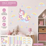 Vinilo Decorativo Infantil Unicornio Alas Arcoíris Estrellas Corazones XL 120x70cm