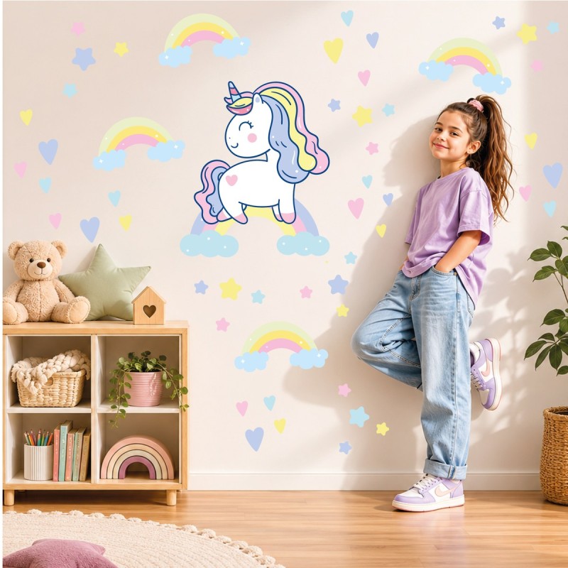 Vinilo Decorativo Infantil Unicornio Cute Arcoíris Estrellas Corazones XL 120x70cm