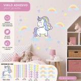Vinilo Decorativo Infantil Unicornio Cute Arcoíris Estrellas Corazones XL 120x70cm