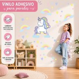Vinilo Decorativo Infantil Unicornio Cute Arcoíris Estrellas Corazones XL 120x70cm