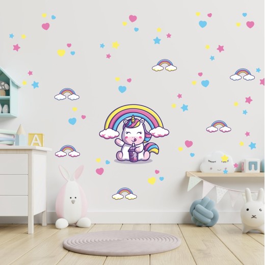 Vinilo Decorativo Infantil Unicornio Milkshake Arcoíris Estrellas Corazones XL 120x70cm