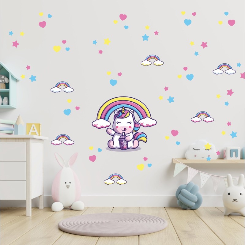 Vinilo Decorativo Infantil Unicornio Milkshake Arcoíris Estrellas Corazones XL 120x70cm